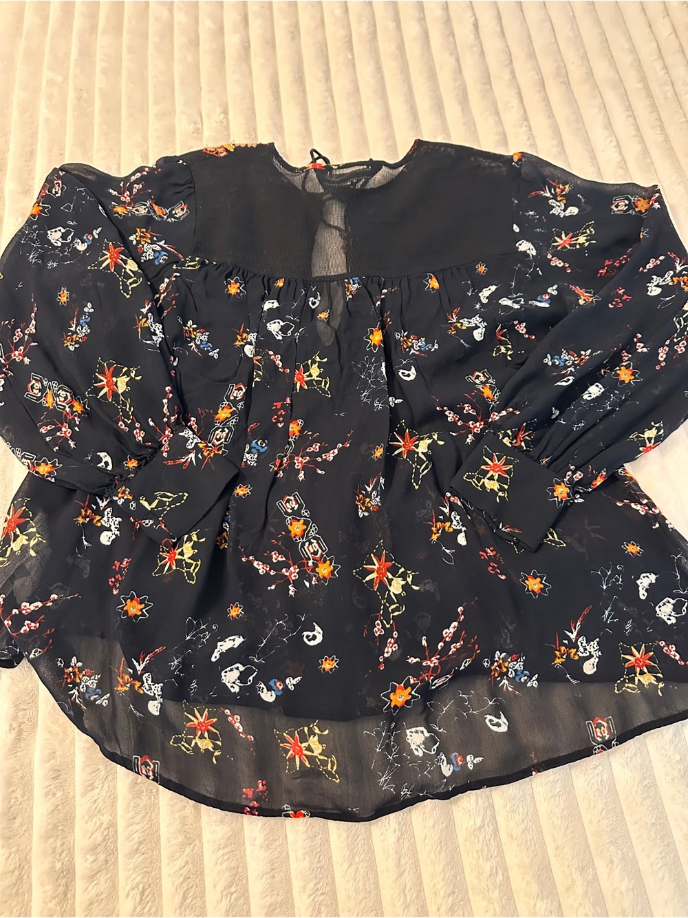ZARA Black Boho Peasant Embroidered Floral Blouse with Tassel Tie - Picture 9 of 9